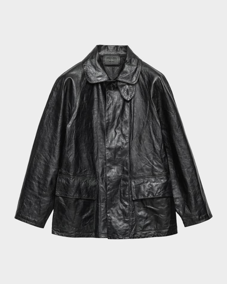 Men's Vintage-Effect Leather Blouson Jacket by PRADA