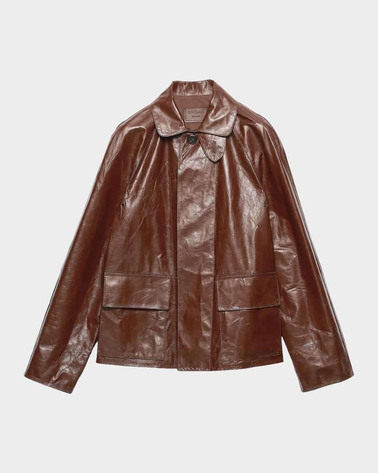 Men's Vintage-Effect Leather Blouson Jacket by PRADA
