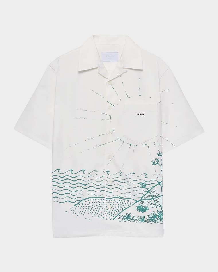 Men's Wave-Print Cotton Bowling Shirt by PRADA