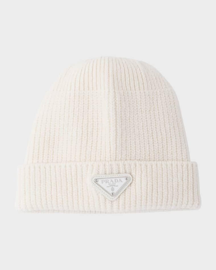 Men's Wool-Cashmere Ribbed Beanie Hat with Symbole by PRADA