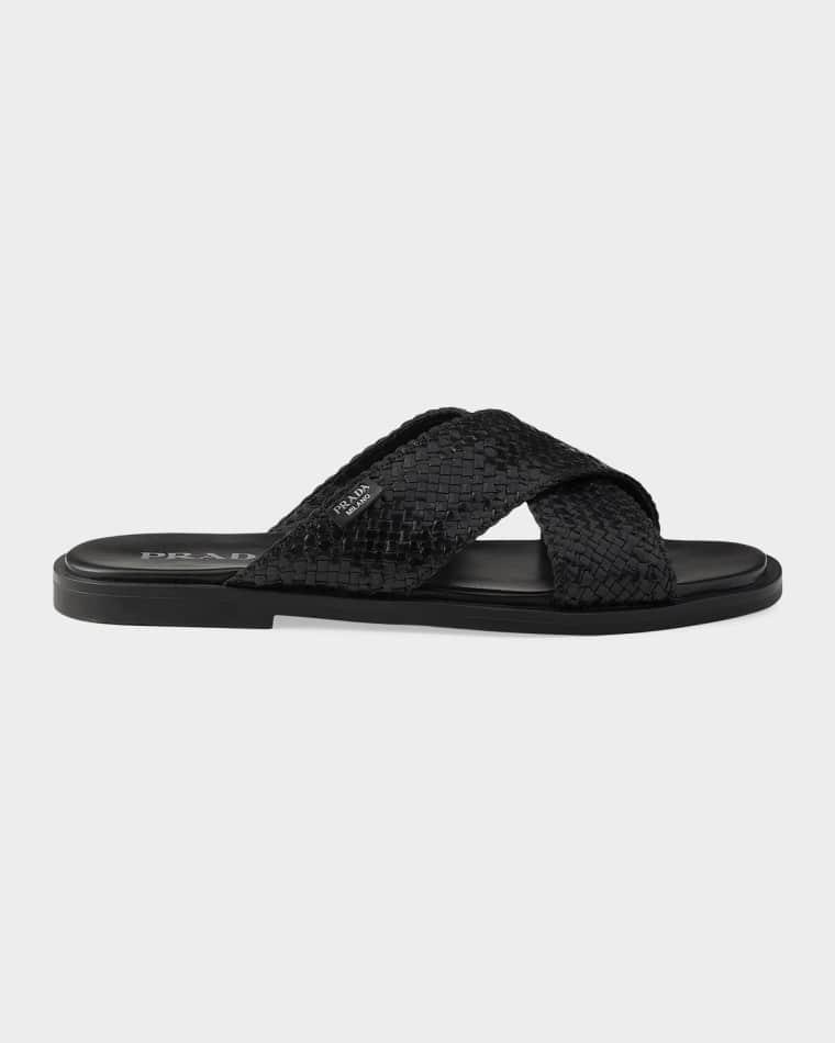 Men's Woven Leather Cross-Strap Slides by PRADA