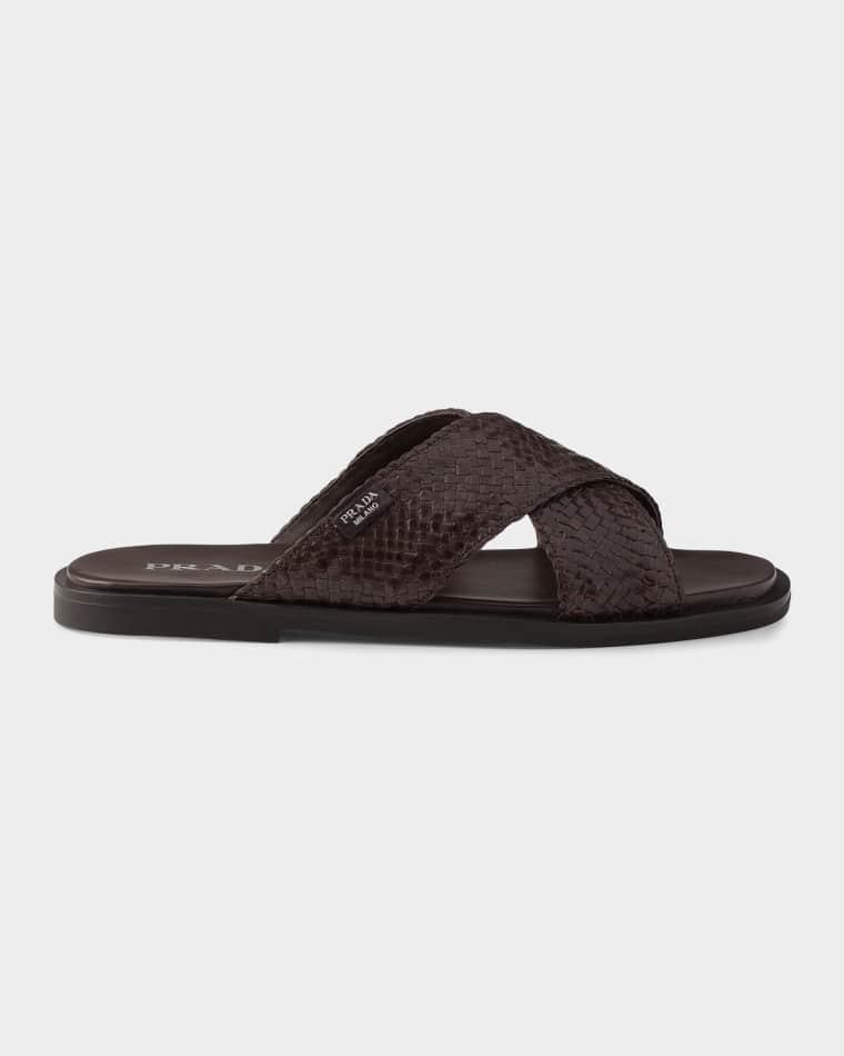 Men's Woven Leather Cross-Strap Slides by PRADA