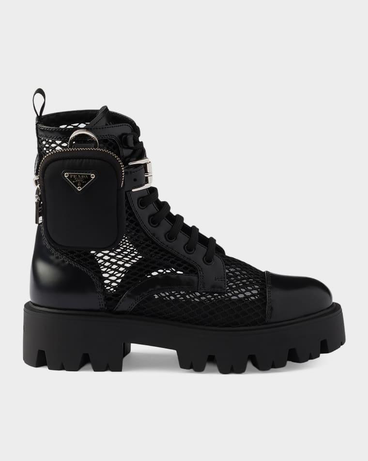 Mesh Fabric & Brushed Leather Ankle Boots with Pouch by PRADA