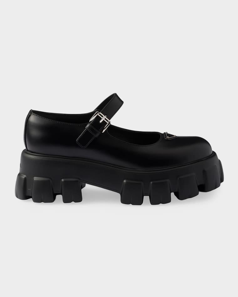 Monolith Brushed Leather Platform Mary Janes by PRADA