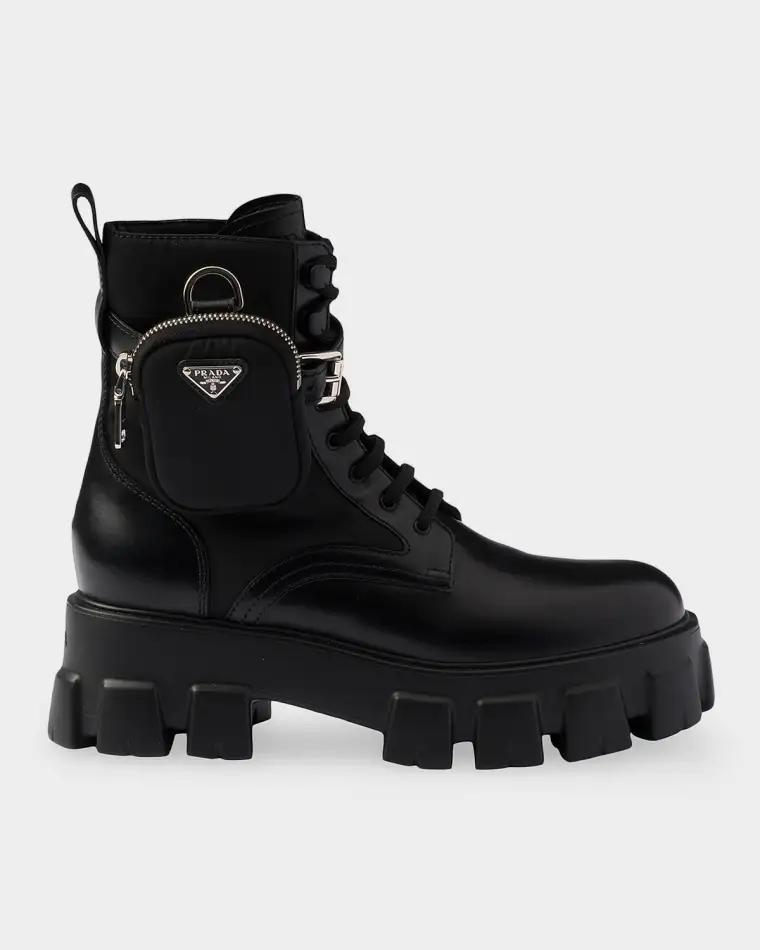 Monolith Leather & Re-Nylon Combat Boots by PRADA