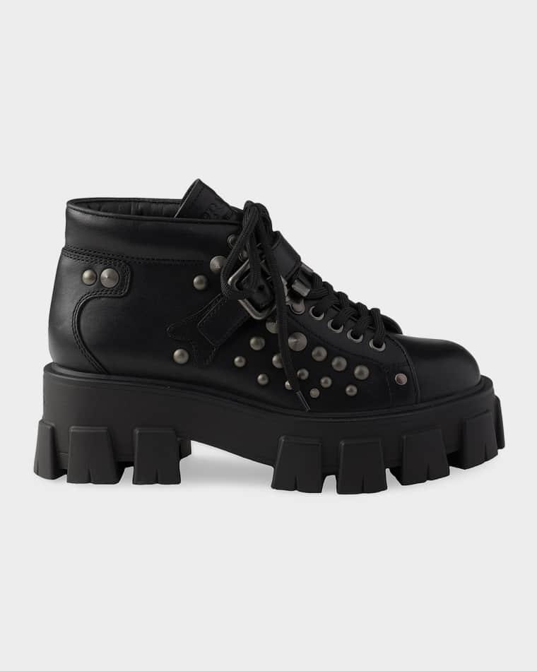 Monolith Studded Leather Ankle Boots by PRADA