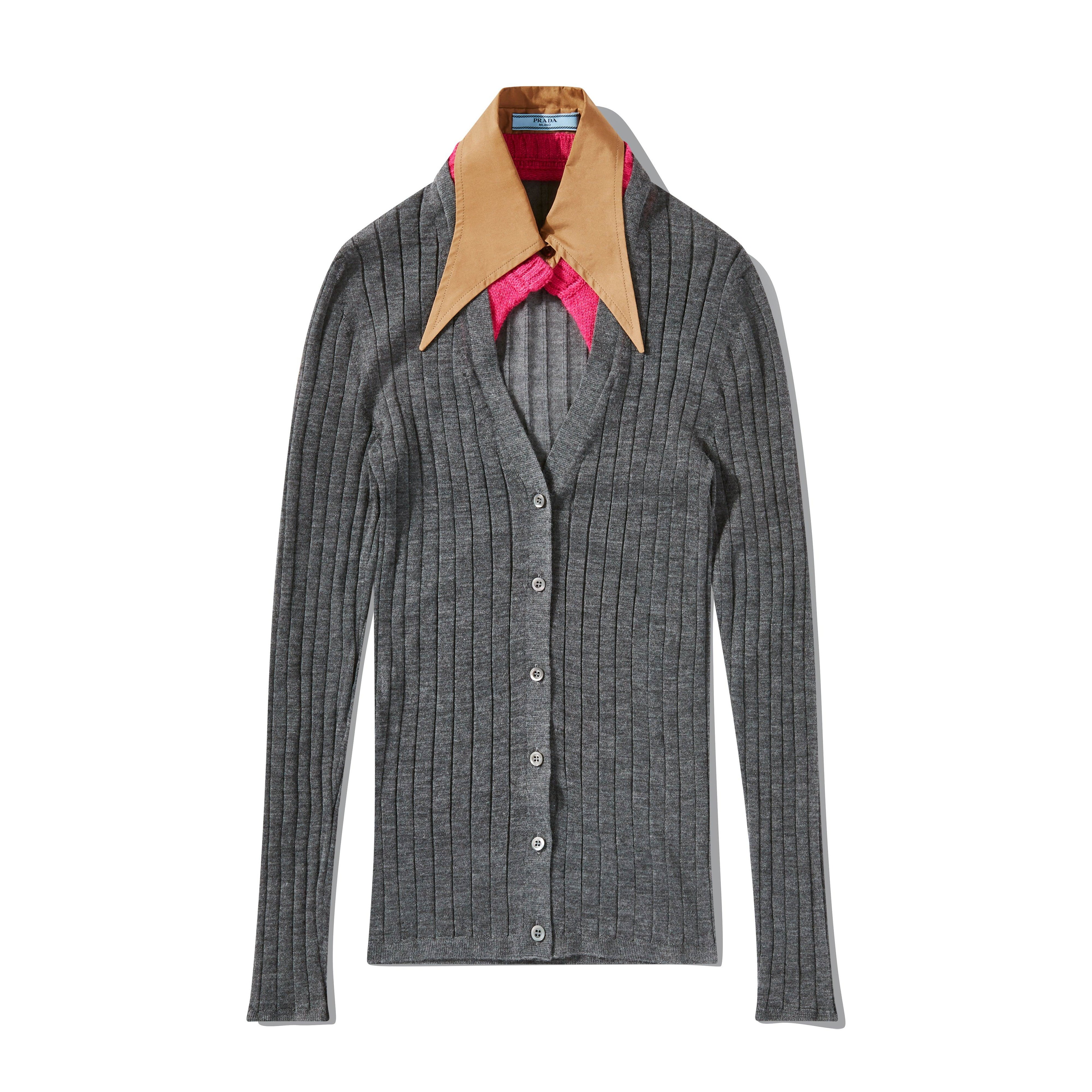 PRADA - Women’s Cashmere and Silk Cardigan with Collar - (Slate Grey) by PRADA