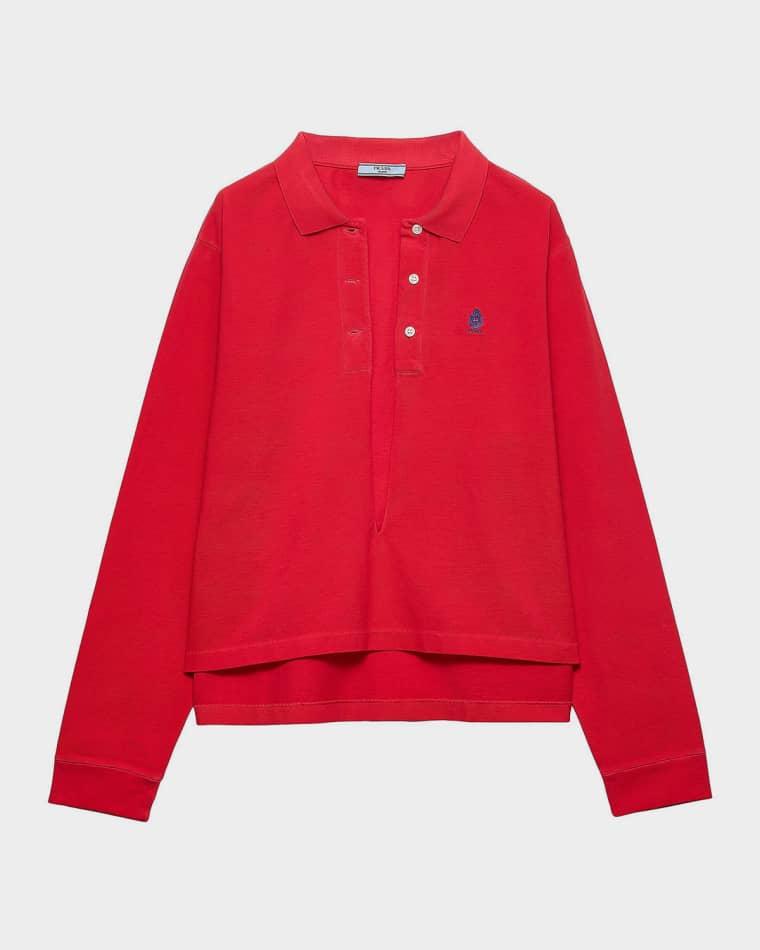 Plunging Long-Sleeve Cotton Pique Polo Shirt by PRADA