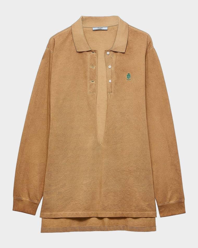 Plunging Long-Sleeve Cotton Pique Polo Shirt by PRADA