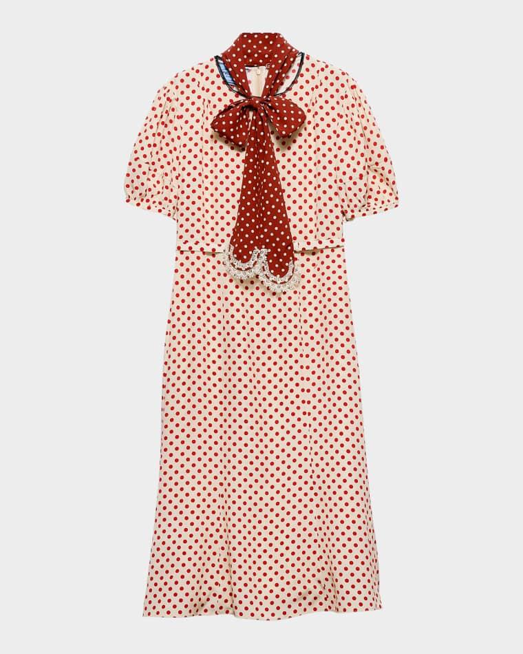 Polka-Dot Marocain Midi Dress with Neck-Tie by PRADA