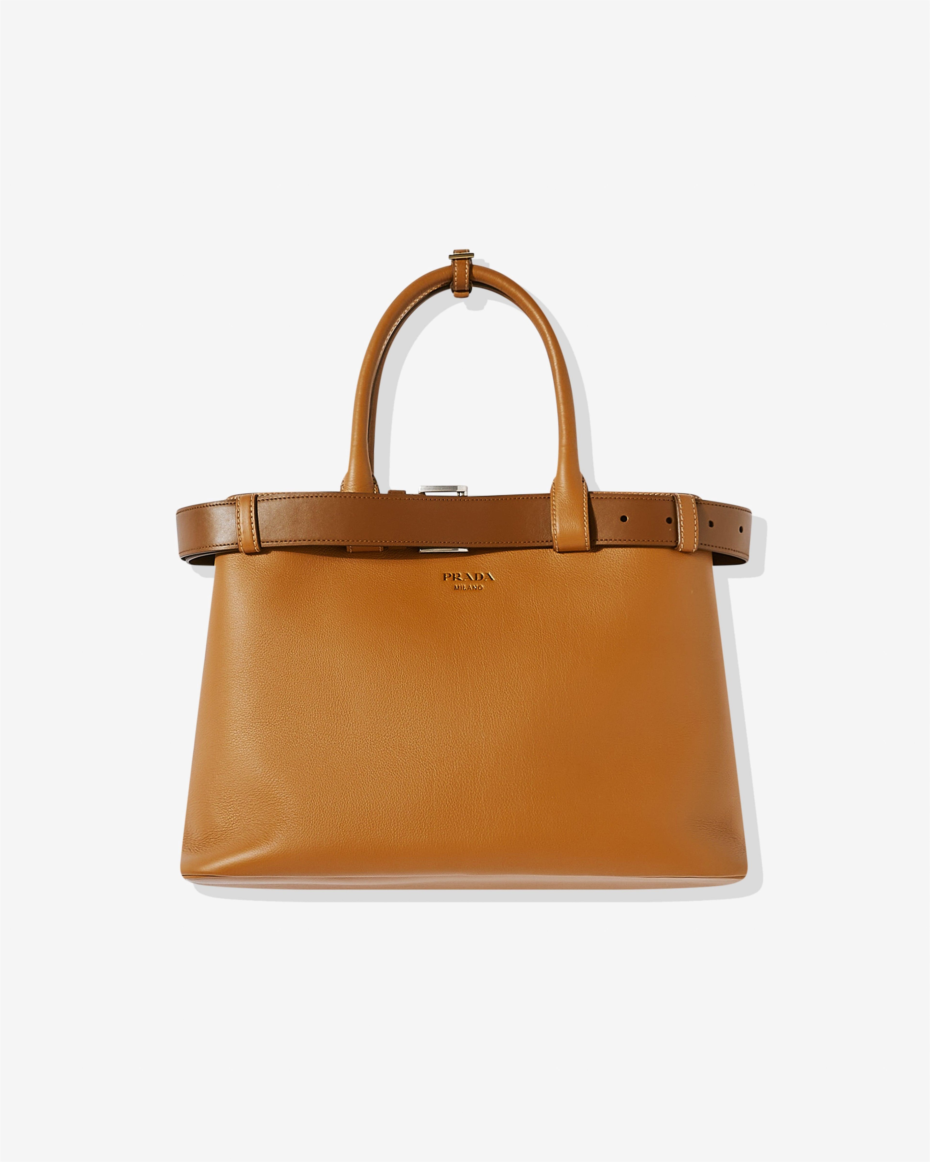 Prada - Buckle Large Leather Handbag With Belt - (Caramel) by PRADA