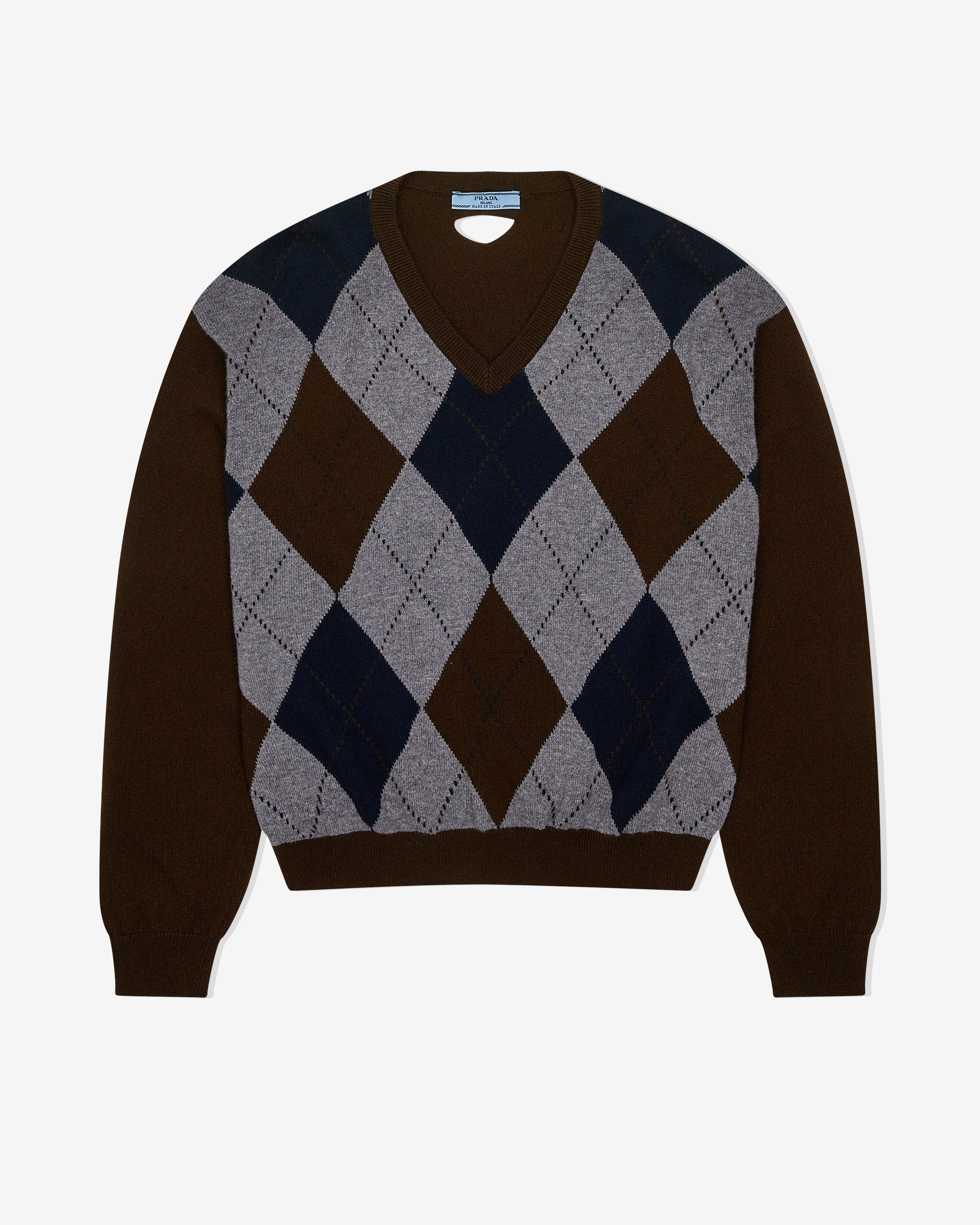 Prada - Women's V-Neck Cashmere Sweater - (Dark Brown/Blue) by PRADA