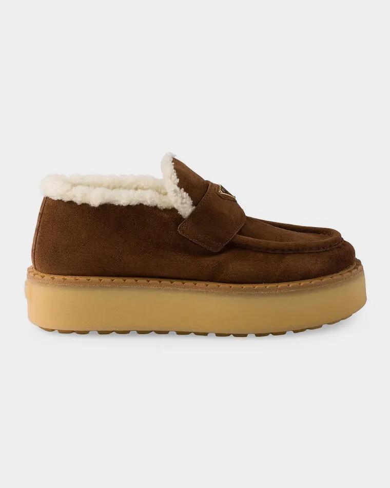 Shearling-Lined Suede Loafers by PRADA