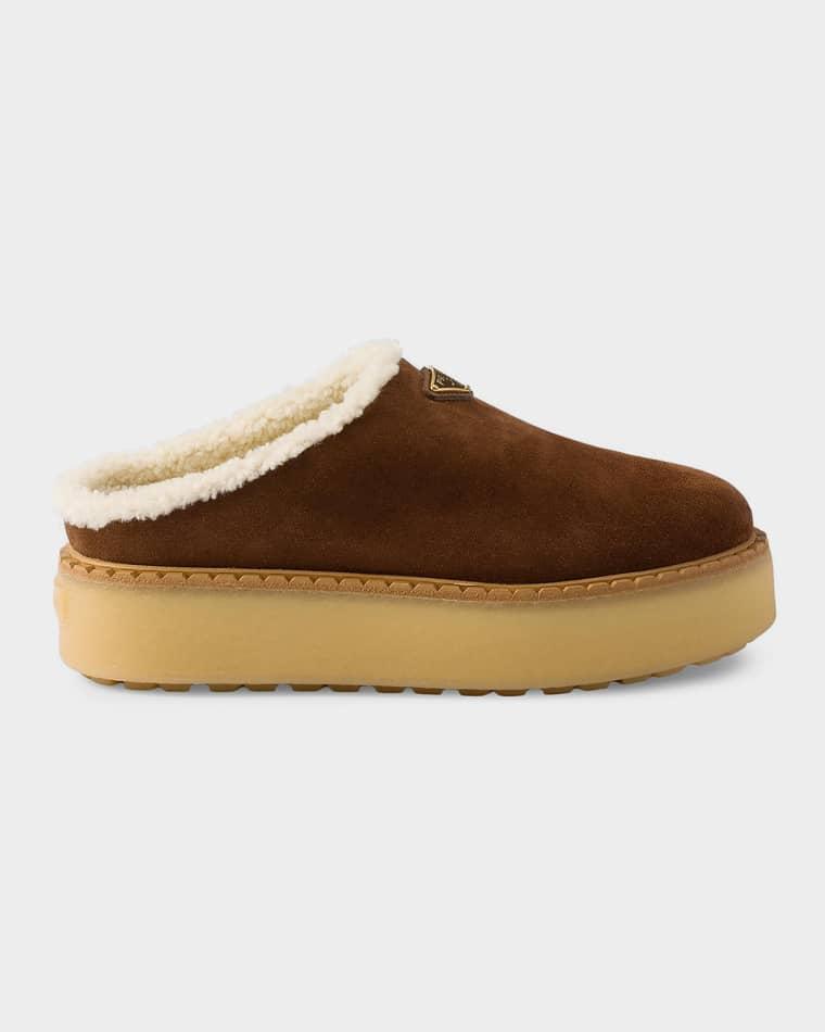 Shearling-Lined Suede Slippers by PRADA