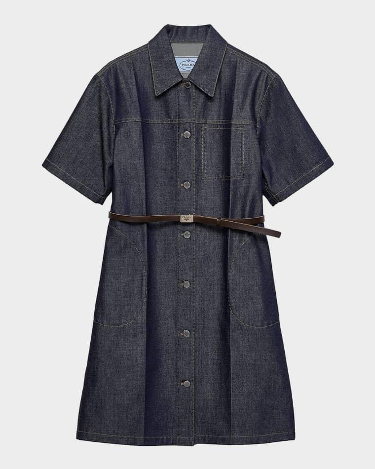 Short-Sleeve Belted Denim Shirtdress by PRADA