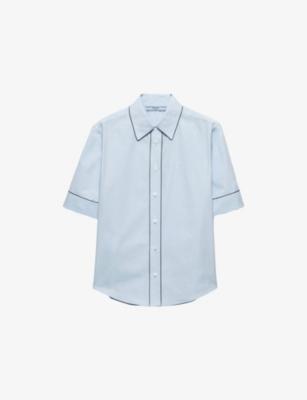 Short-Sleeve Pip-Trim Cotton Poplin Shirt by PRADA