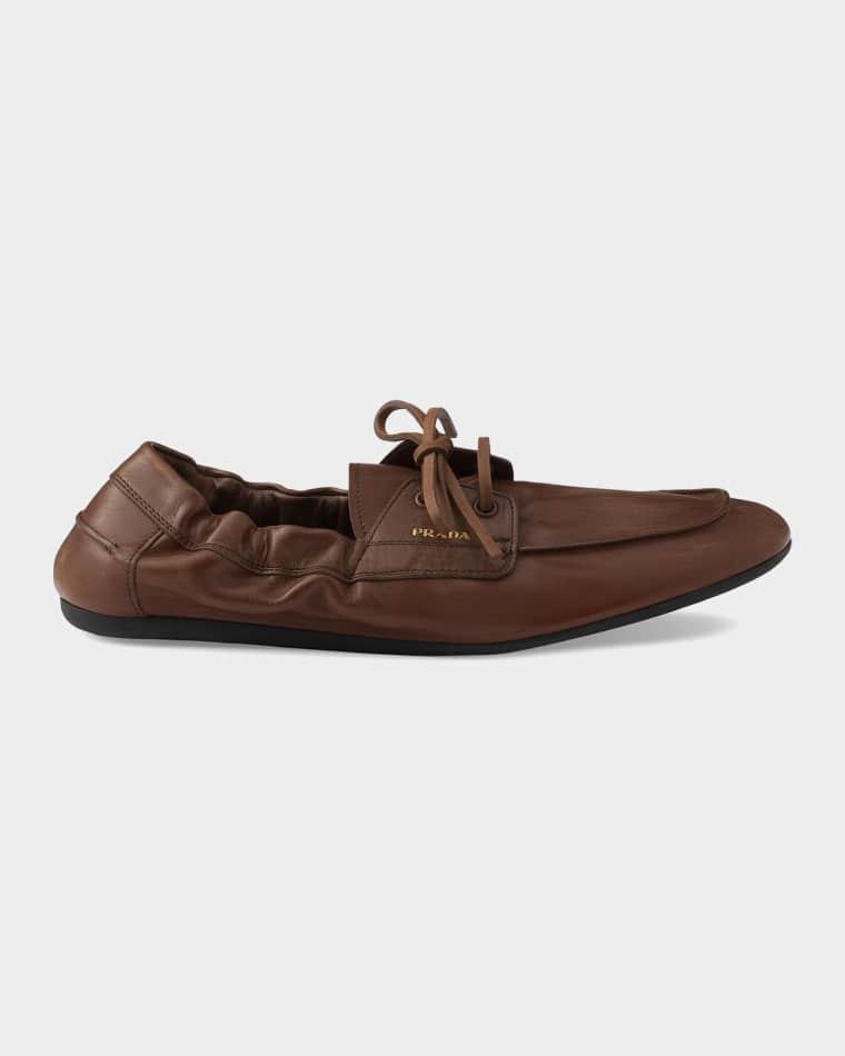 Shuffle Antiqued Leather Boat Loafers by PRADA