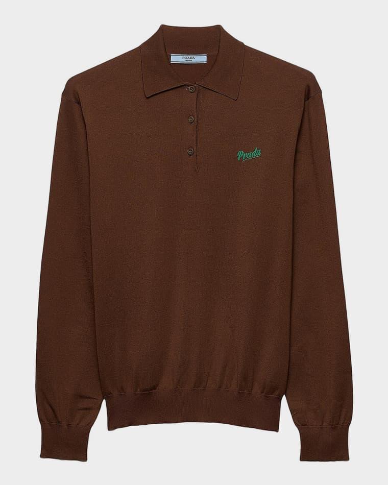 Silk Knit Long-Sleeve Polo Shirt by PRADA