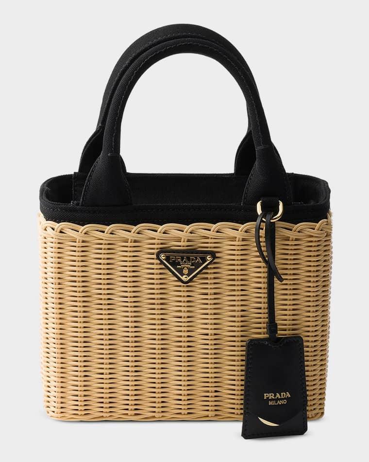 Small Wicker and Canvas Tote Bag by PRADA