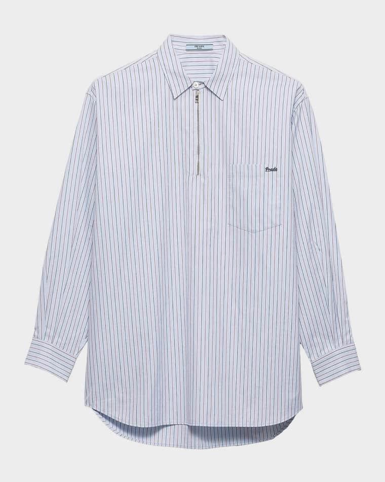 Striped Herringbone Cotton Half-Zip Shirt by PRADA