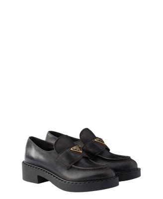 Women's Chocolate Antiqued Leather Loafers by PRADA