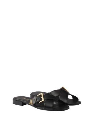 Women's Leather Crisscross Slides With Buckle by PRADA