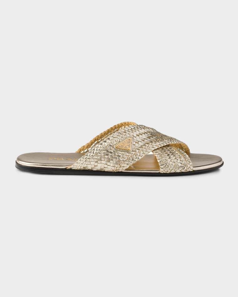 Woven Leather Crisscross Slide Sandals by PRADA