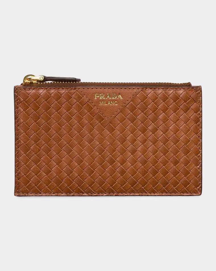 Woven Madras Leather Card Holder by PRADA