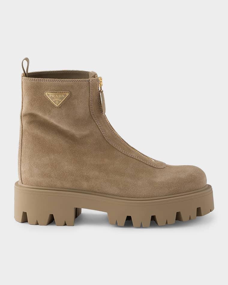 Zip-Front Suede Ankle Boots by PRADA