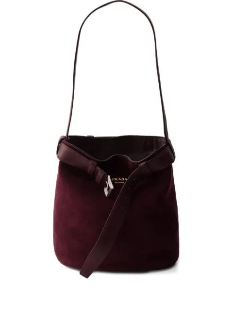buckle-belted suede shoulder bag by PRADA
