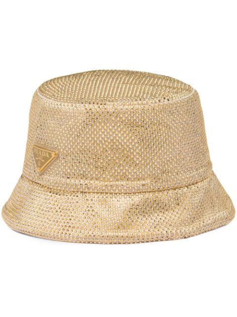 crystal-embellished satin bucket hat by PRADA