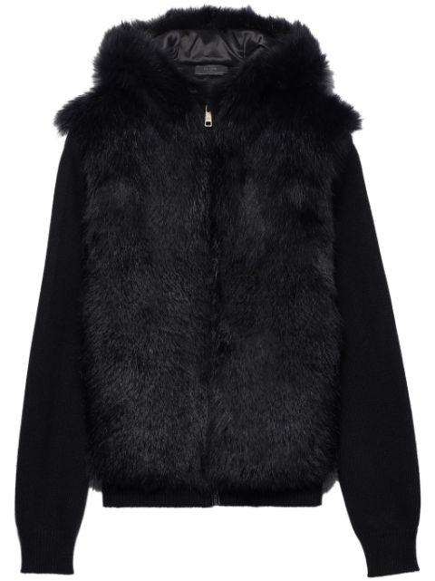 faux-fur hoodied cardigan by PRADA