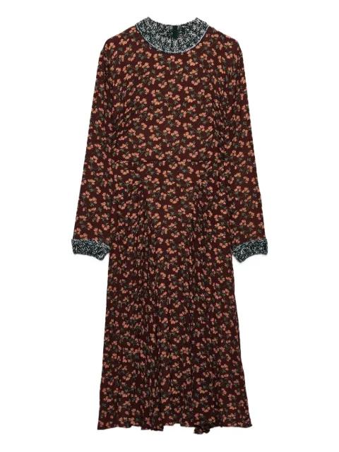 floral-print pleated knit-trim midi dress by PRADA