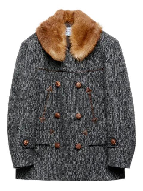 herringbone shearling-collar coat by PRADA