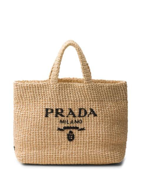logo-embroidered crochet tote bag by PRADA