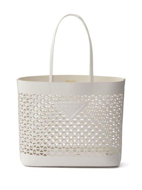 logo-perforated leather tote bag by PRADA