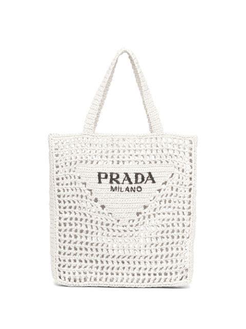 logo-print raffia tote bag by PRADA