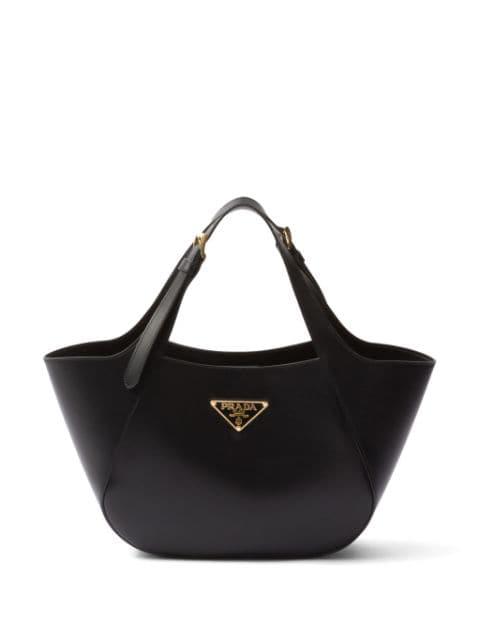 medium enamel triangle logo leather tote bag by PRADA