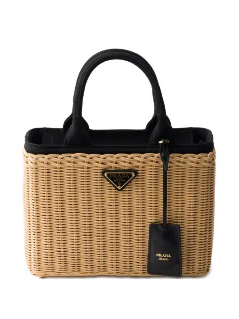 medium wicker and canvas tote bag by PRADA
