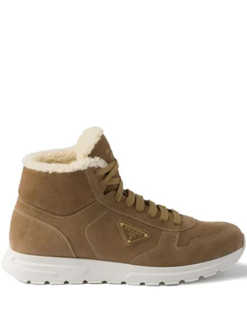shearling triangle-logo high-top sneakers by PRADA