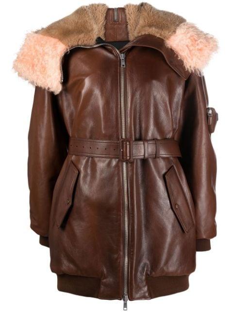 shearling-trim zip-up leather jacket by PRADA