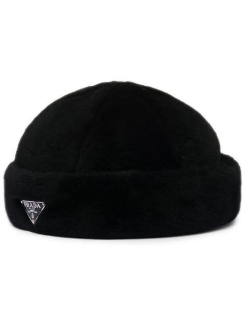 triangle-logo shearling hat by PRADA
