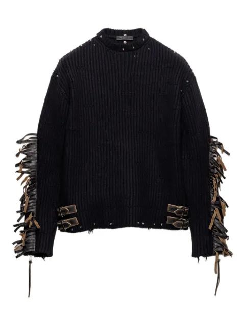 wool crew-neck sweater with fringe and studs by PRADA