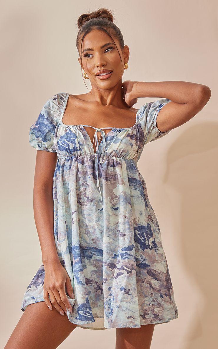 Abstract Print Woven Ruched Bust Shift Dress by PRETTYLITTLETHING