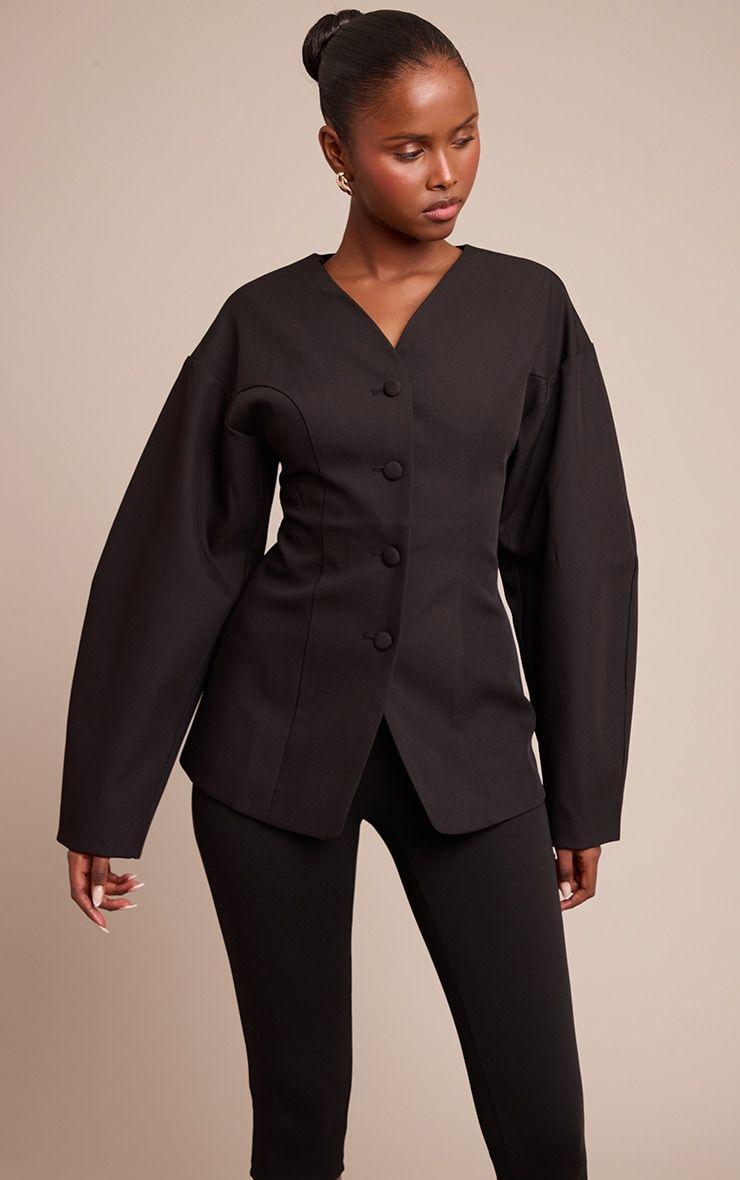 Black Collarless Fabric Covered Button Blazer by PRETTYLITTLETHING