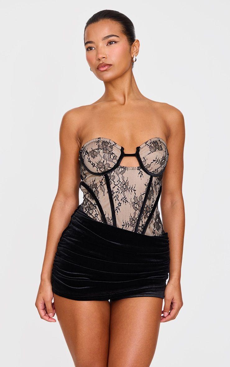 Black Contrast Lace Velvet Wrap Detail Skort Playsuit by PRETTYLITTLETHING