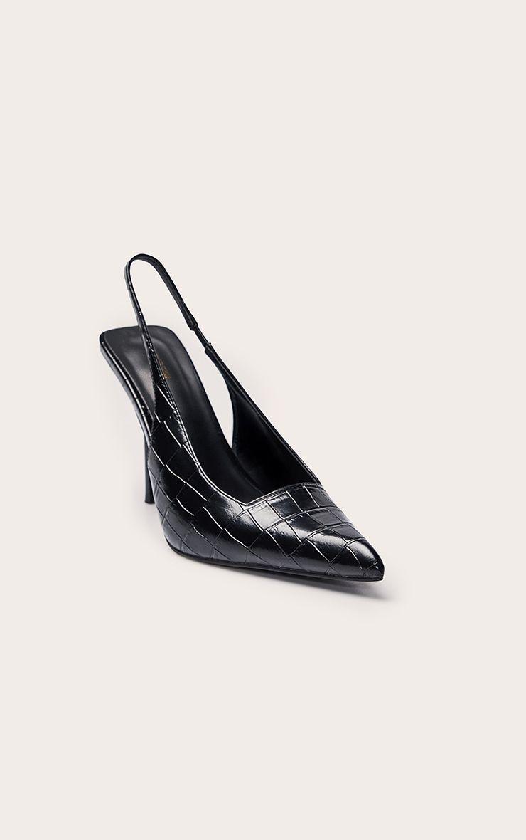 Black Croc Heeled SlingBack Court Shoe by PRETTYLITTLETHING