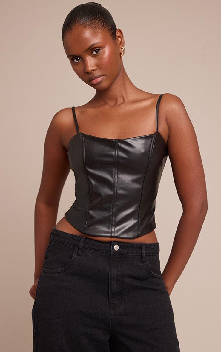 Black Faux Leather Bonded Strappy Corset, Chocolate by PRETTYLITTLETHING Black Faux Leather Bonded Strappy Corset, Chocolate by PRETTYLITTLETHING