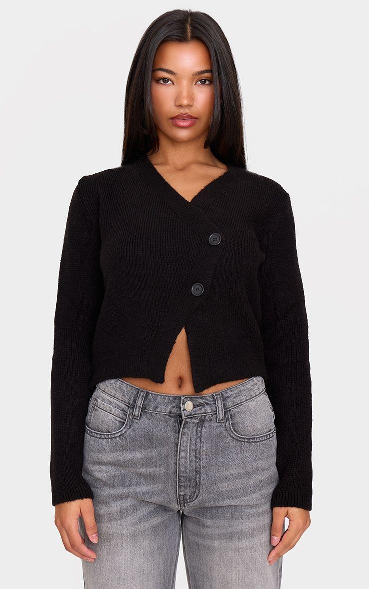 Black Knit Asymmetric Button Up Cardigan Sweater by PRETTYLITTLETHING Black Knit Asymmetric Button Up Cardigan Sweater by PRETTYLITTLETHING