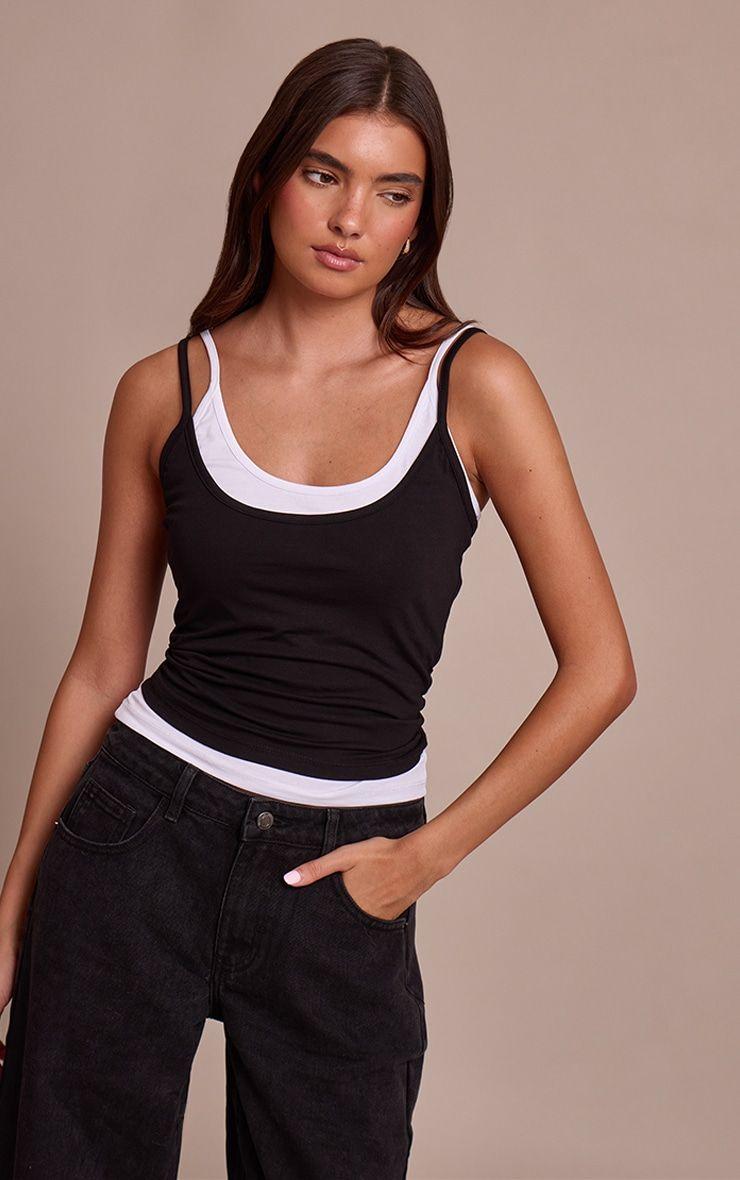 Black Overlay Detail Strappy Vest Top by PRETTYLITTLETHING